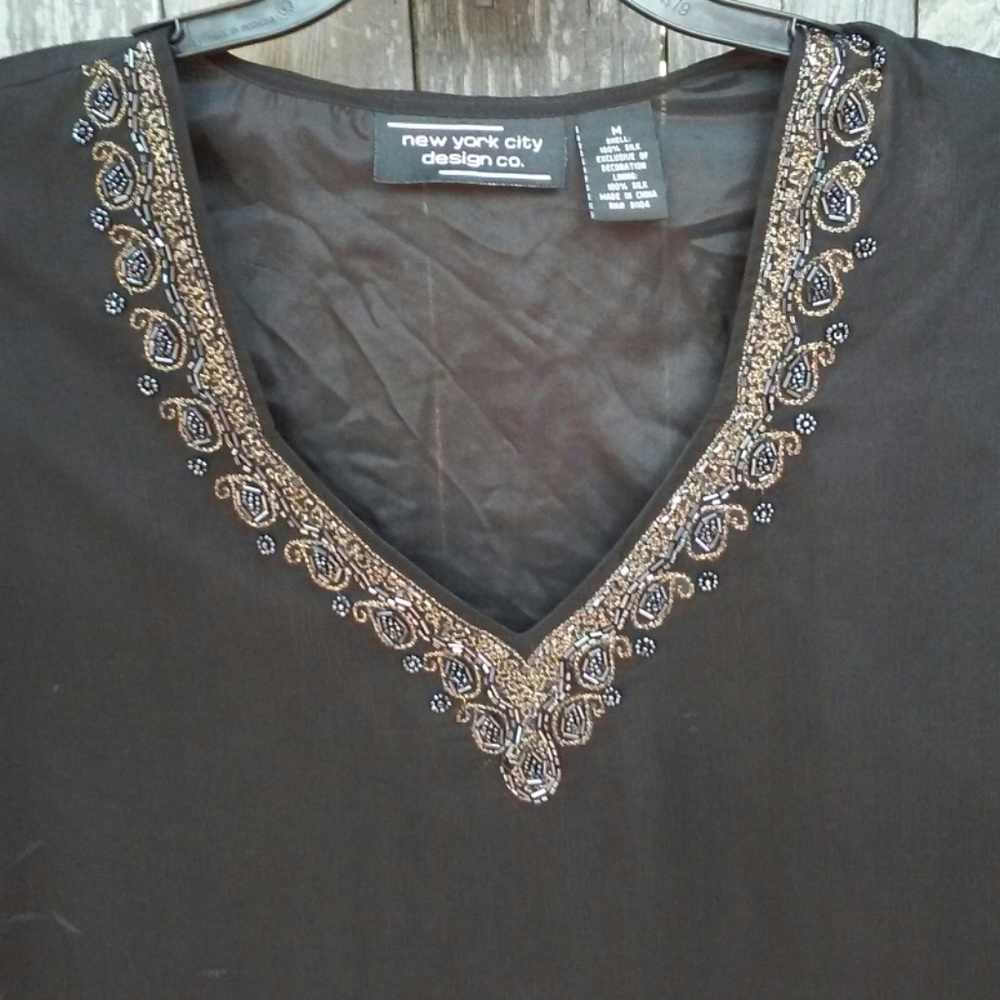New York City Beaded Black Silk Long Sleeve Top Md